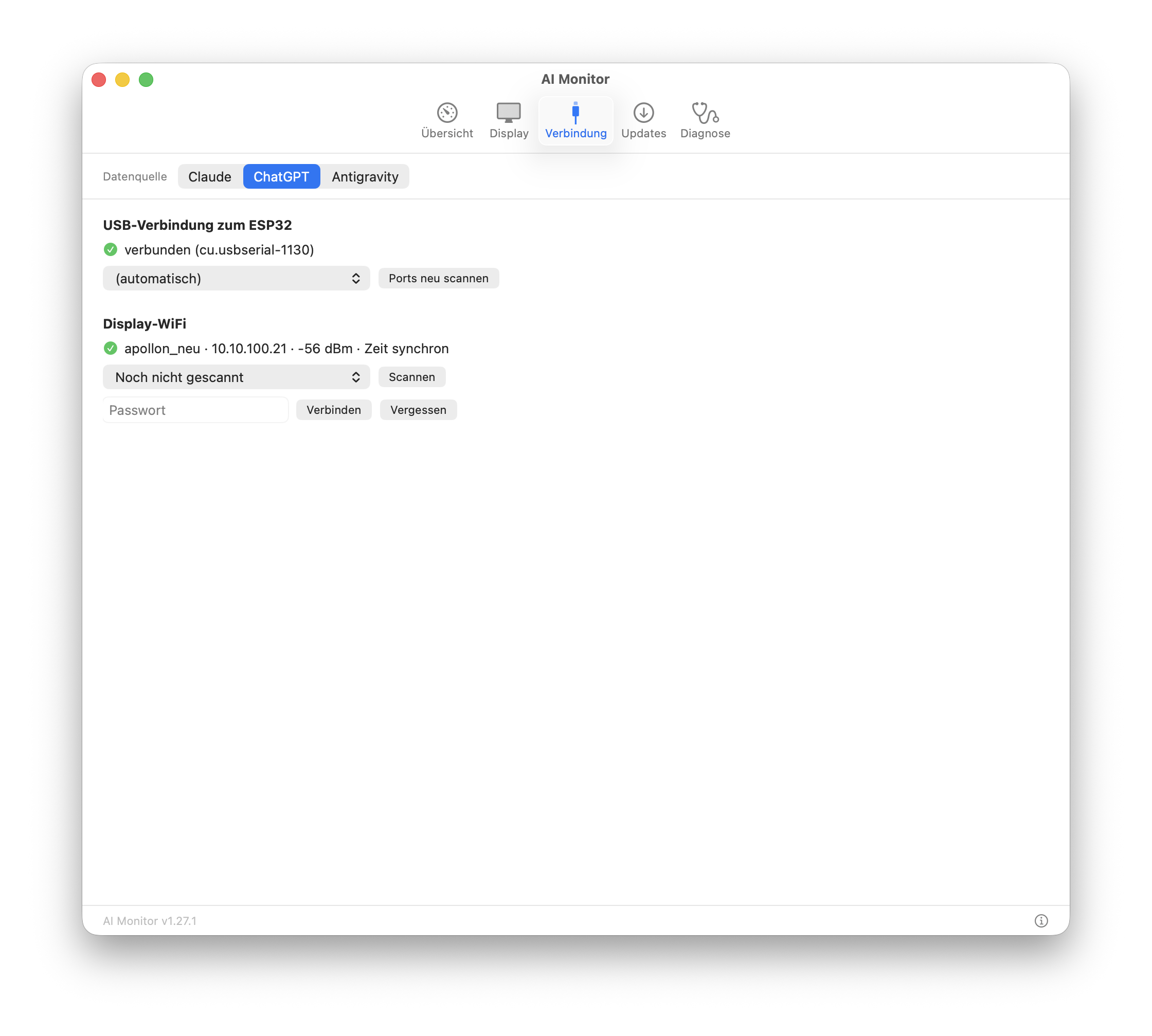 AI Monitor App, Bereich Verbindung: USB-Port zum ESP32 und WLAN des Displays