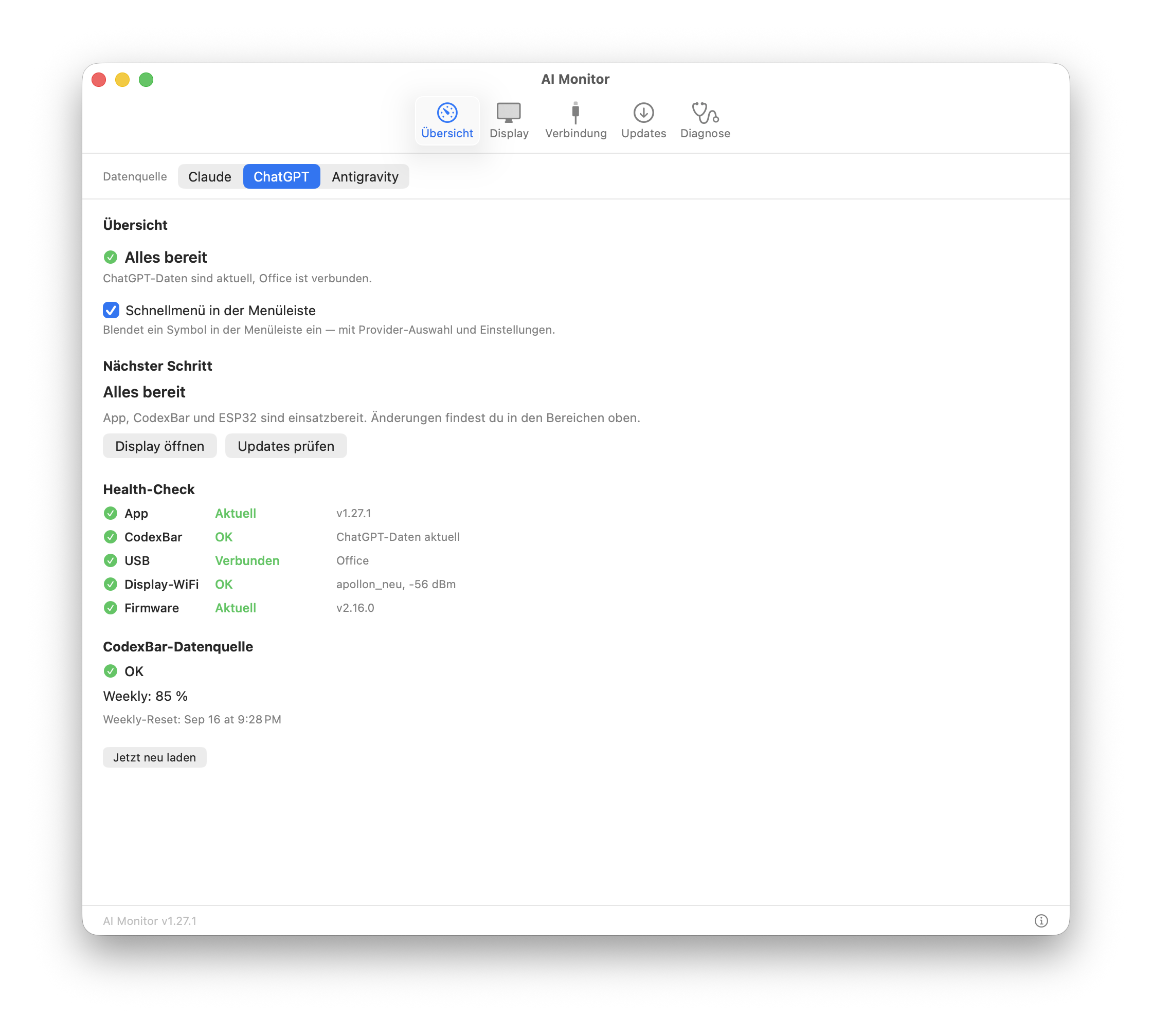 AI Monitor App, Bereich Übersicht: Health-Check für App, CodexBar, USB-Verbindung und Firmware
