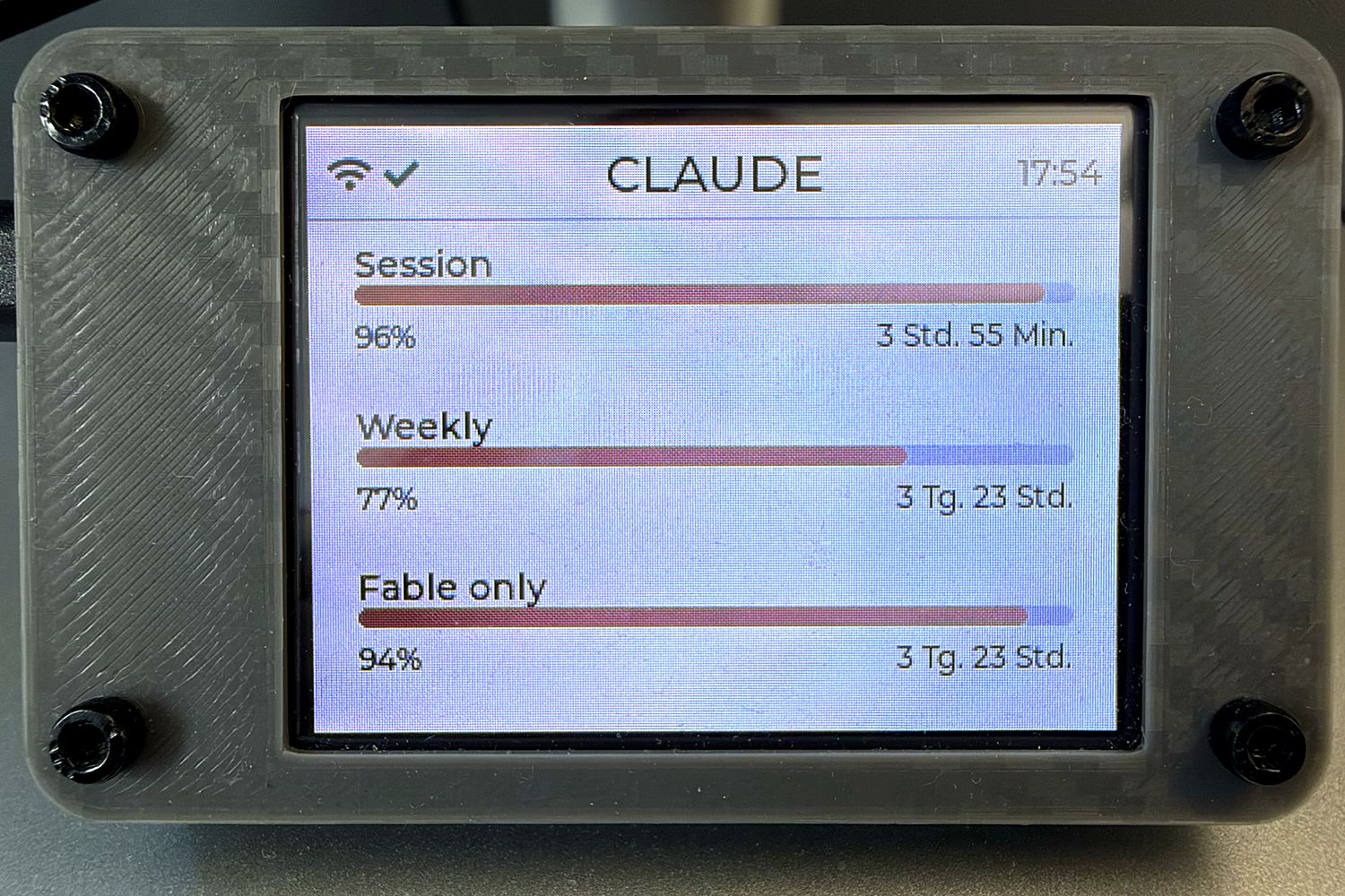 Display in der Balken-Ansicht: Claude-Limits für Sitzung, Woche und Modell untereinander