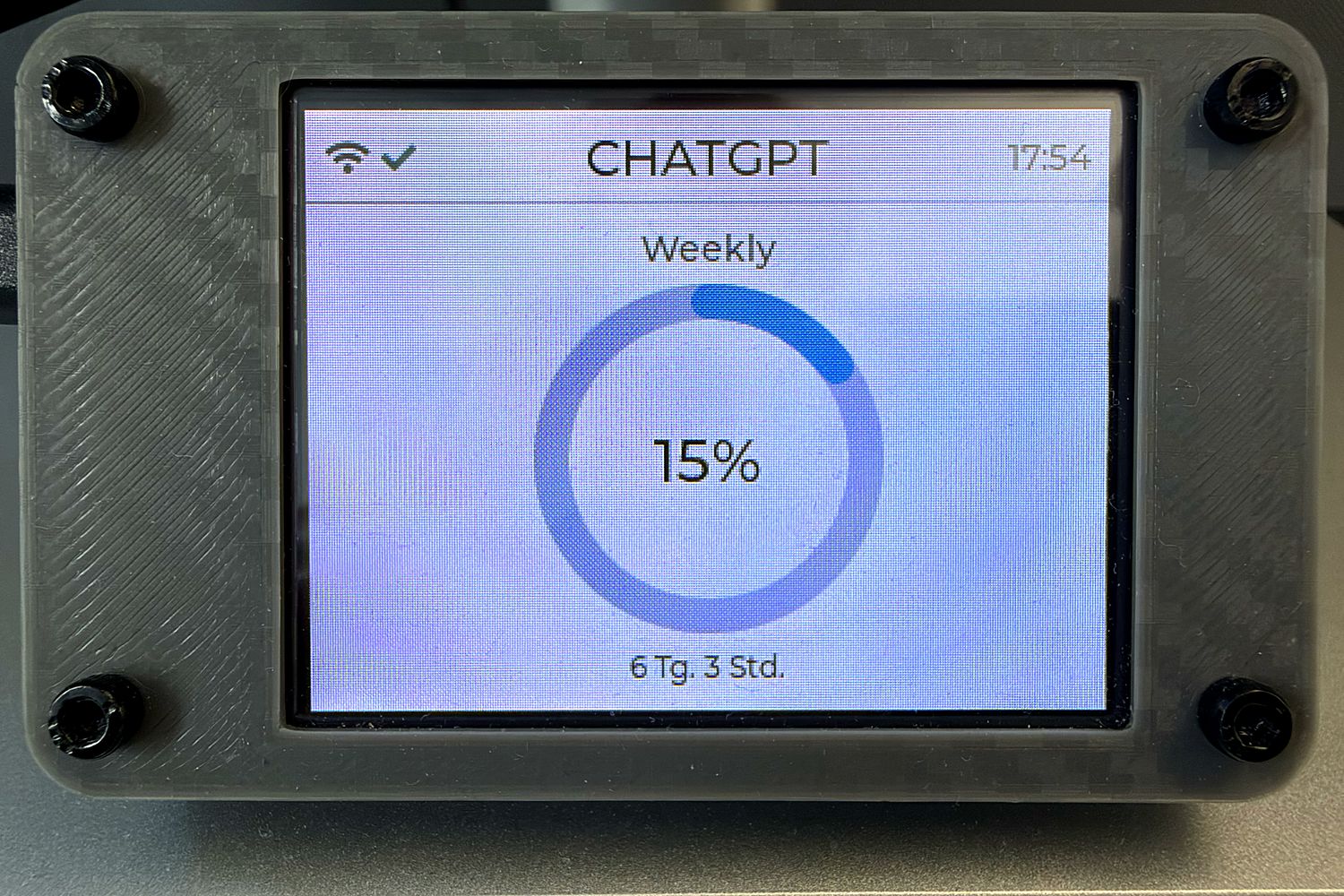 Display in der Ring-Ansicht: ChatGPT-Wochenlimit bei 15 Prozent mit Restzeit