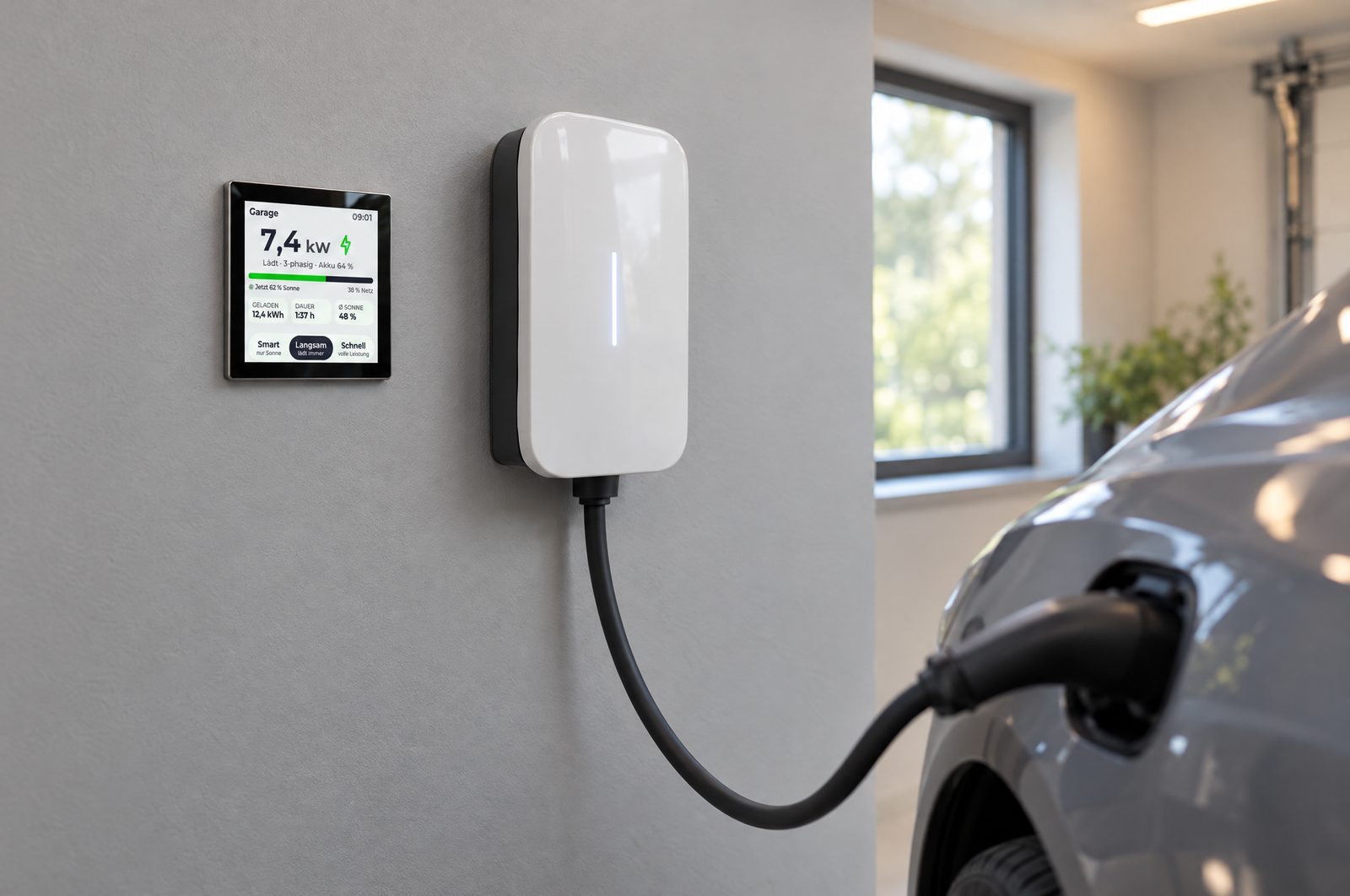 Das Display hängt in der Garage neben der Wallbox und zeigt 7,4 kW Ladeleistung